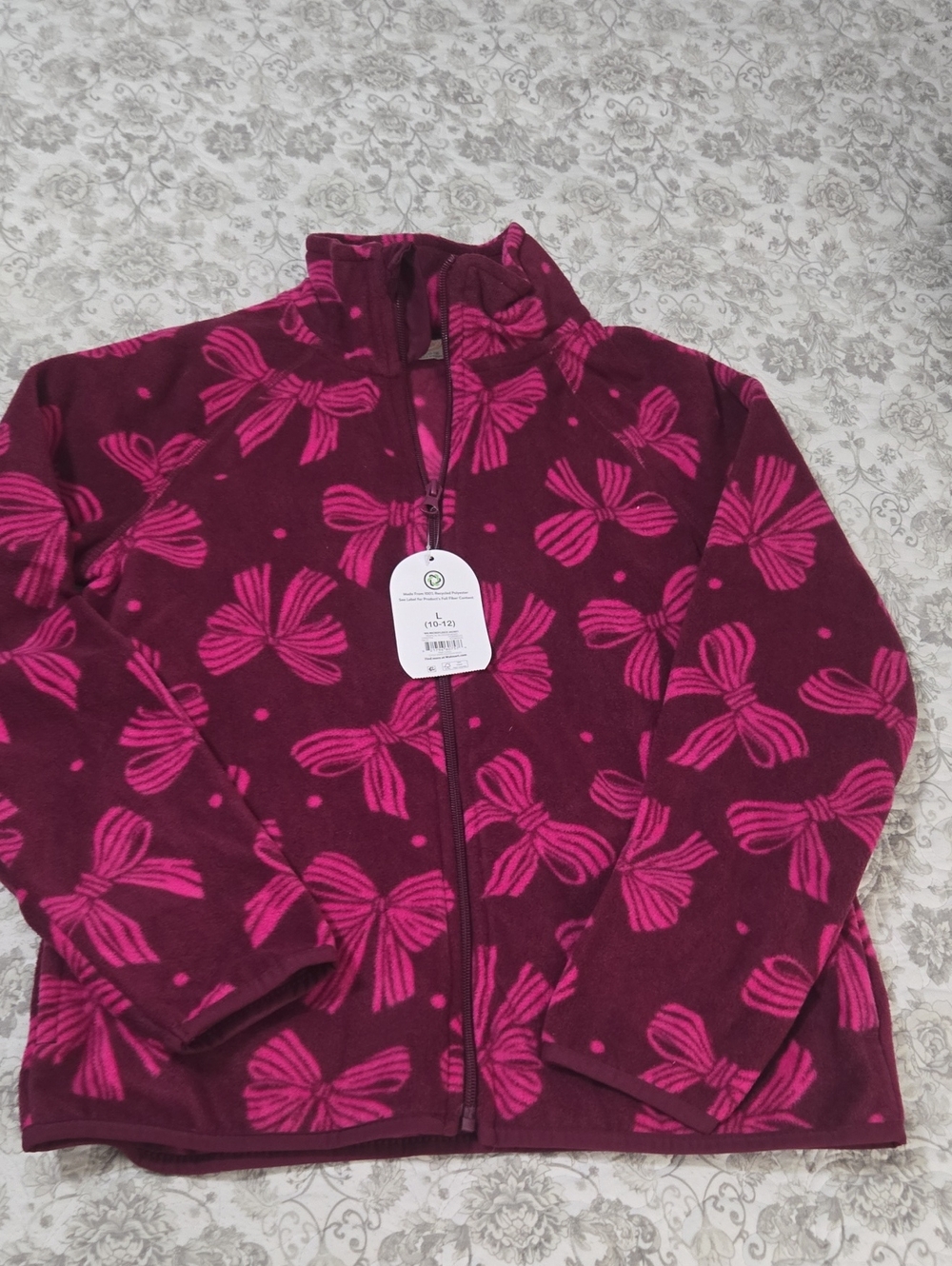 wonder nation Burgundy Fleece Jacket with Pink Bow Print
